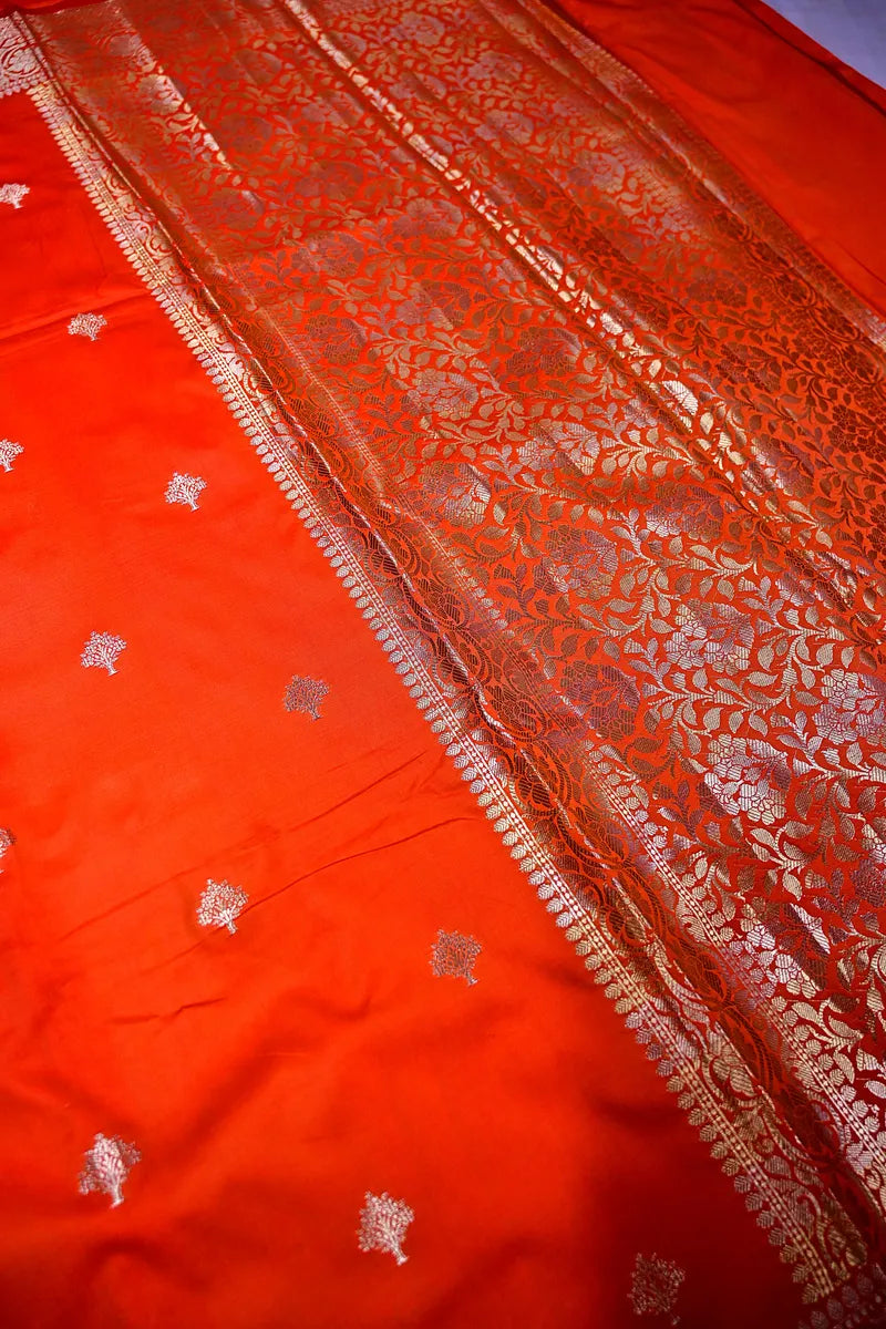 Vibrant Tangerine Orange Silk Saree with Fine Silver Zari Weaving & Royal Border (RLSS-166)