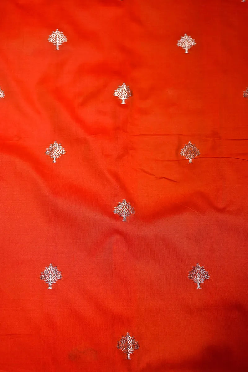 Vibrant Tangerine Orange Silk Saree with Fine Silver Zari Weaving & Royal Border (RLSS-166)