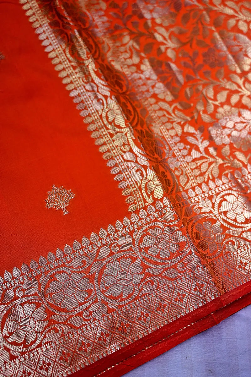 Vibrant Tangerine Orange Silk Saree with Fine Silver Zari Weaving & Royal Border (RLSS-166)