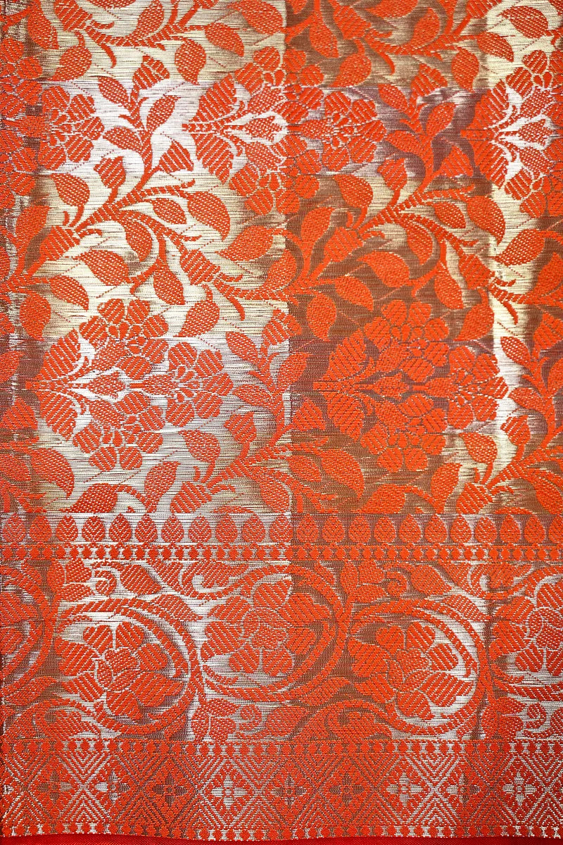 Vibrant Tangerine Orange Silk Saree with Fine Silver Zari Weaving & Royal Border (RLSS-166)