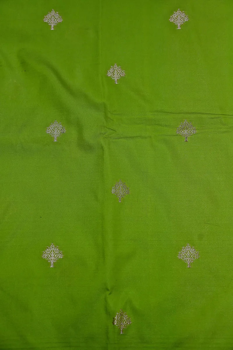 Vibrant Olive Green Silk Saree with Fine Silver Zari Weaving & Royal Border(RLSS-162)