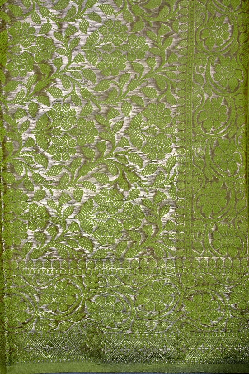 Vibrant Olive Green Silk Saree with Fine Silver Zari Weaving & Royal Border(RLSS-162)