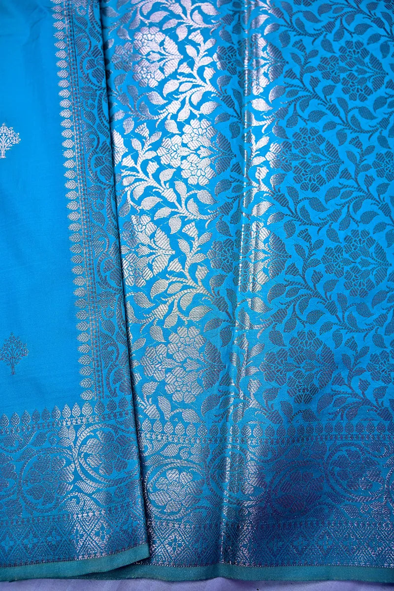 Sky Blue Handloom Banarasi Silk Saree with Silver Zari Woven Border(RLSS-159)