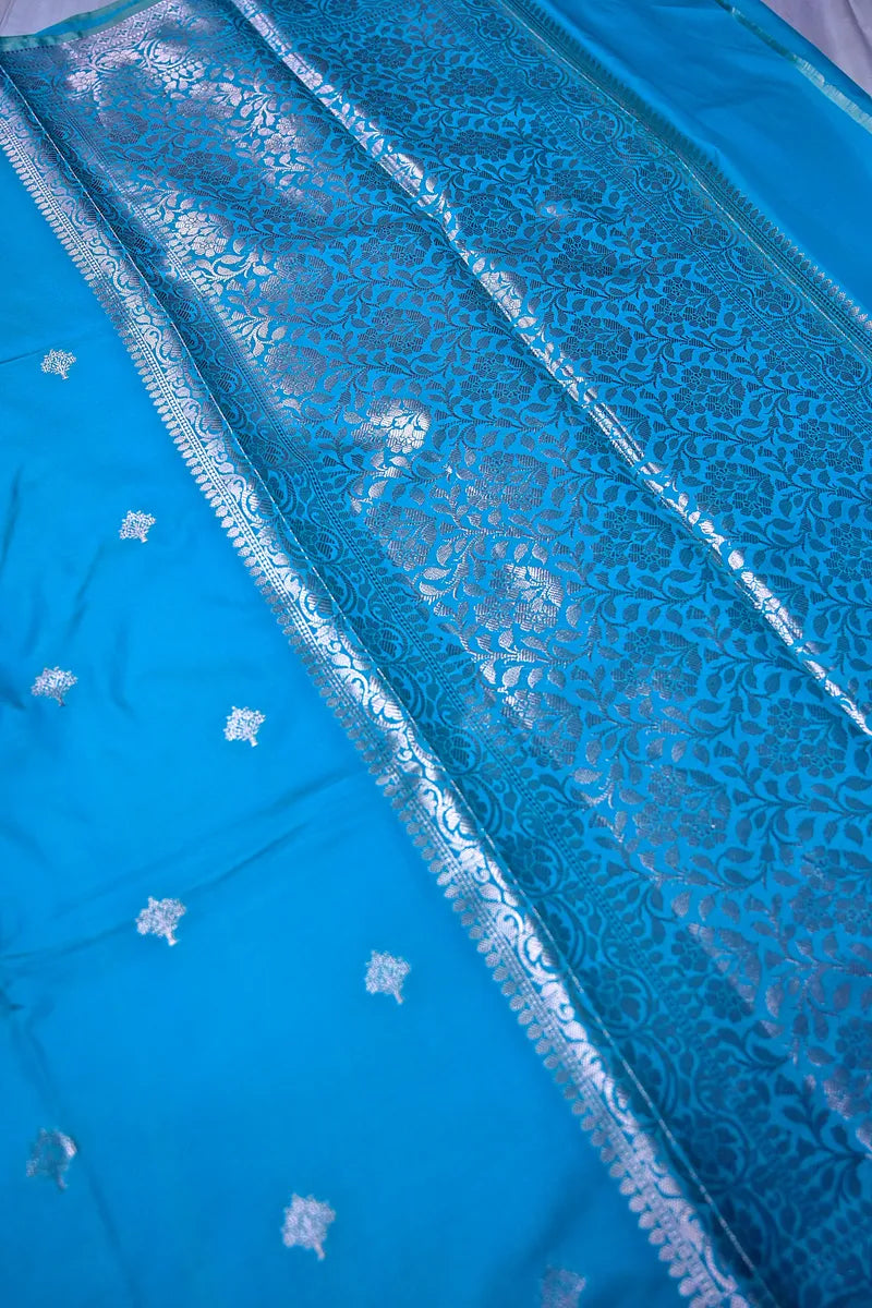 Sky Blue Handloom Banarasi Silk Saree with Silver Zari Woven Border(RLSS-159)