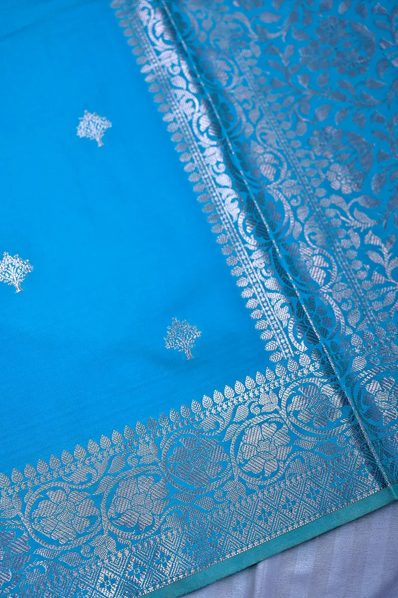 Sky Blue Handloom Banarasi Silk Saree with Silver Zari Woven Border(RLSS-159)