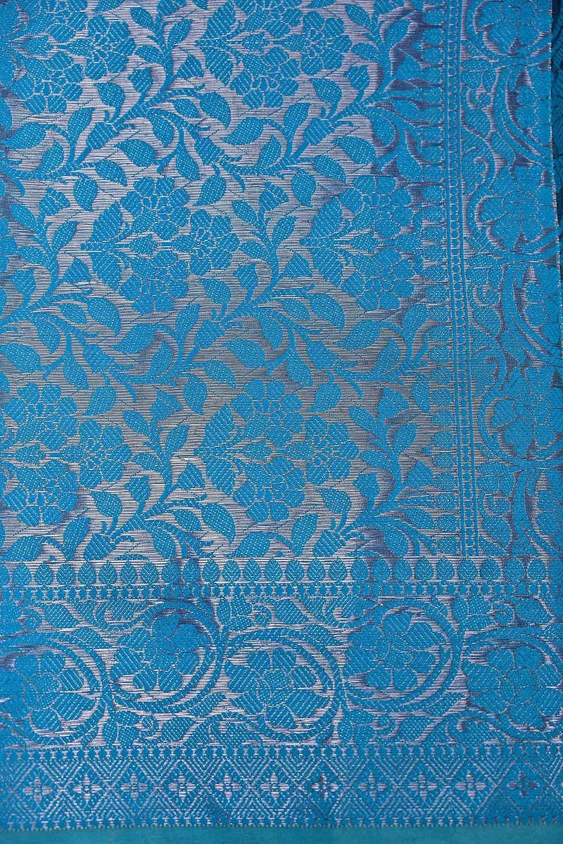 Sky Blue Handloom Banarasi Silk Saree with Silver Zari Woven Border(RLSS-159)