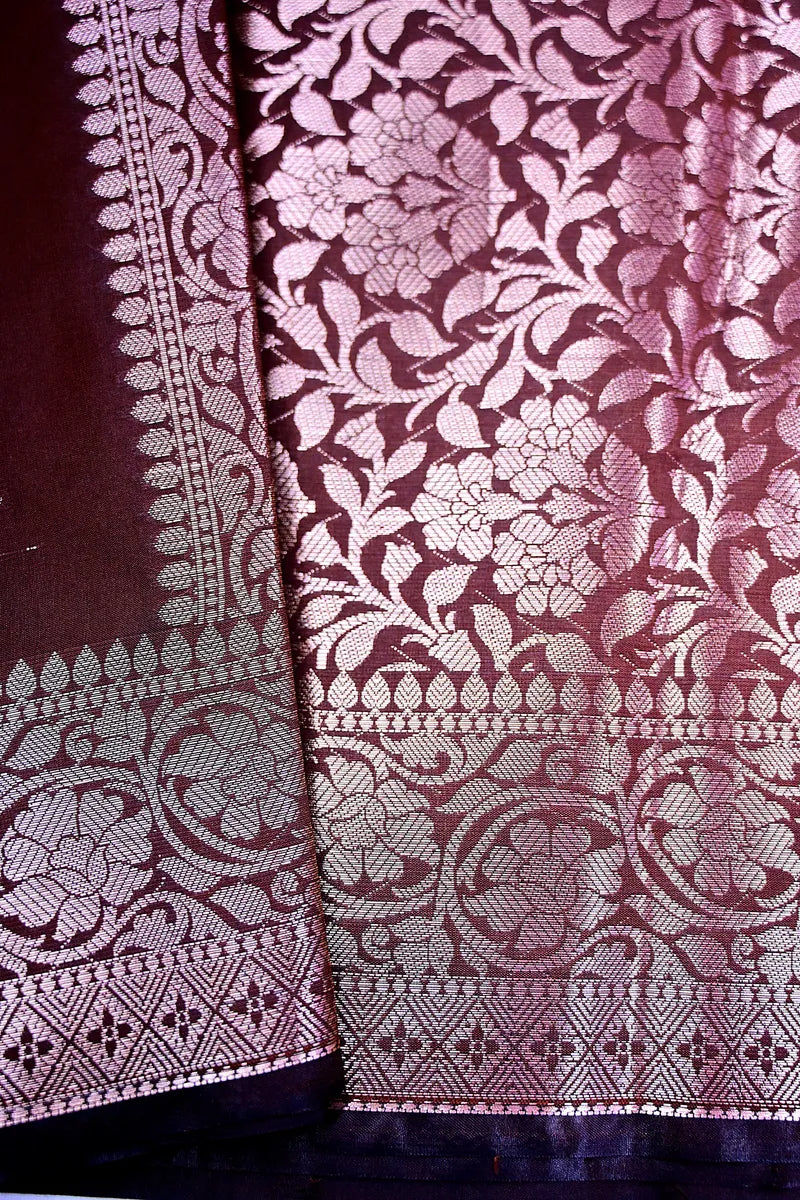 Deep Wine Silk Saree with Silver Zari Floral Bootis and Intricate Woven Border(RLSS-158)