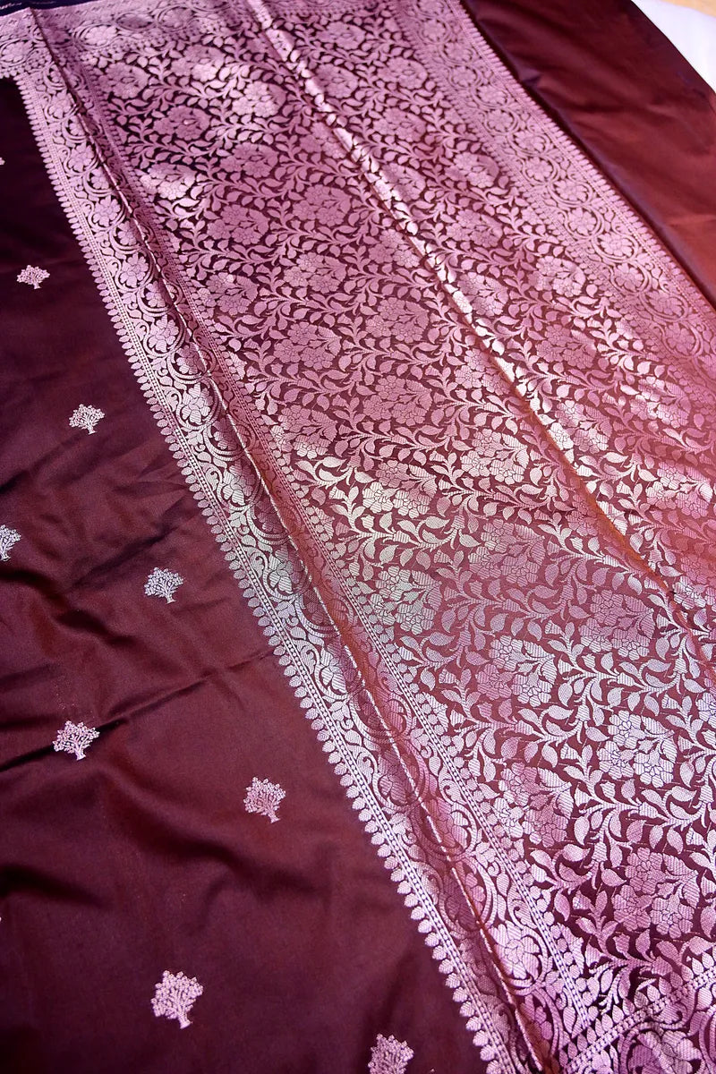 Deep Wine Silk Saree with Silver Zari Floral Bootis and Intricate Woven Border(RLSS-158)