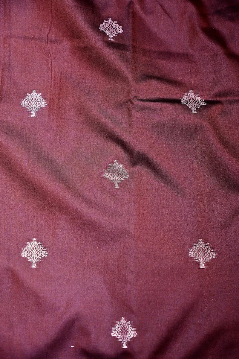 Deep Wine Silk Saree with Silver Zari Floral Bootis and Intricate Woven Border(RLSS-158)