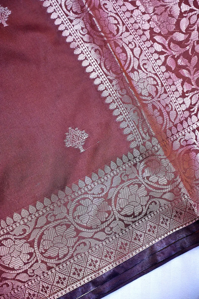 Deep Wine Silk Saree with Silver Zari Floral Bootis and Intricate Woven Border(RLSS-158)