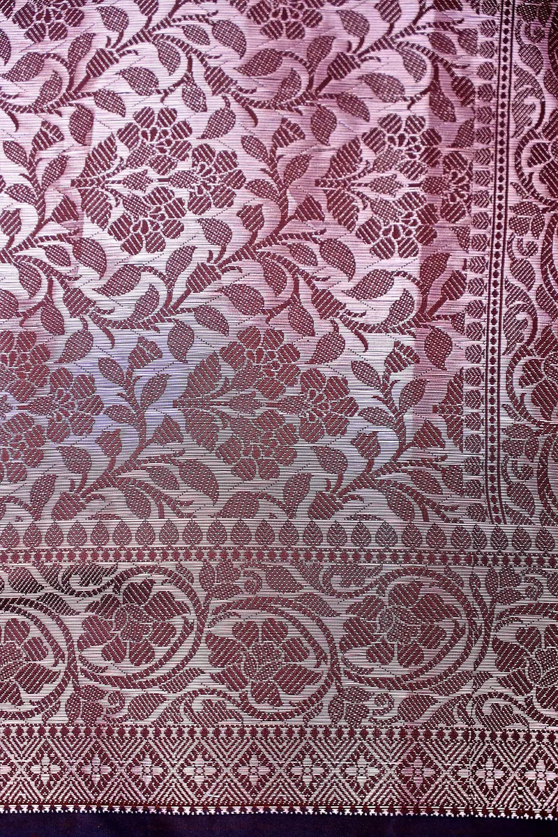 Deep Wine Silk Saree with Silver Zari Floral Bootis and Intricate Woven Border(RLSS-158)