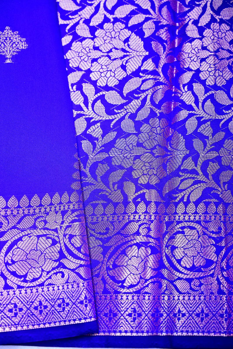 Royal Blue Silk Saree with Silver Zari Floral Bootis and Intricate Woven Border(RLSS-157)