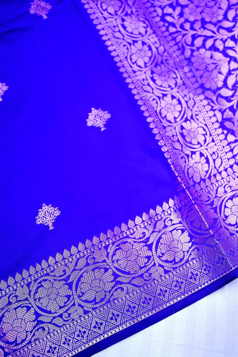 Royal Blue Silk Saree with Silver Zari Floral Bootis and Intricate Woven Border(RLSS-157)