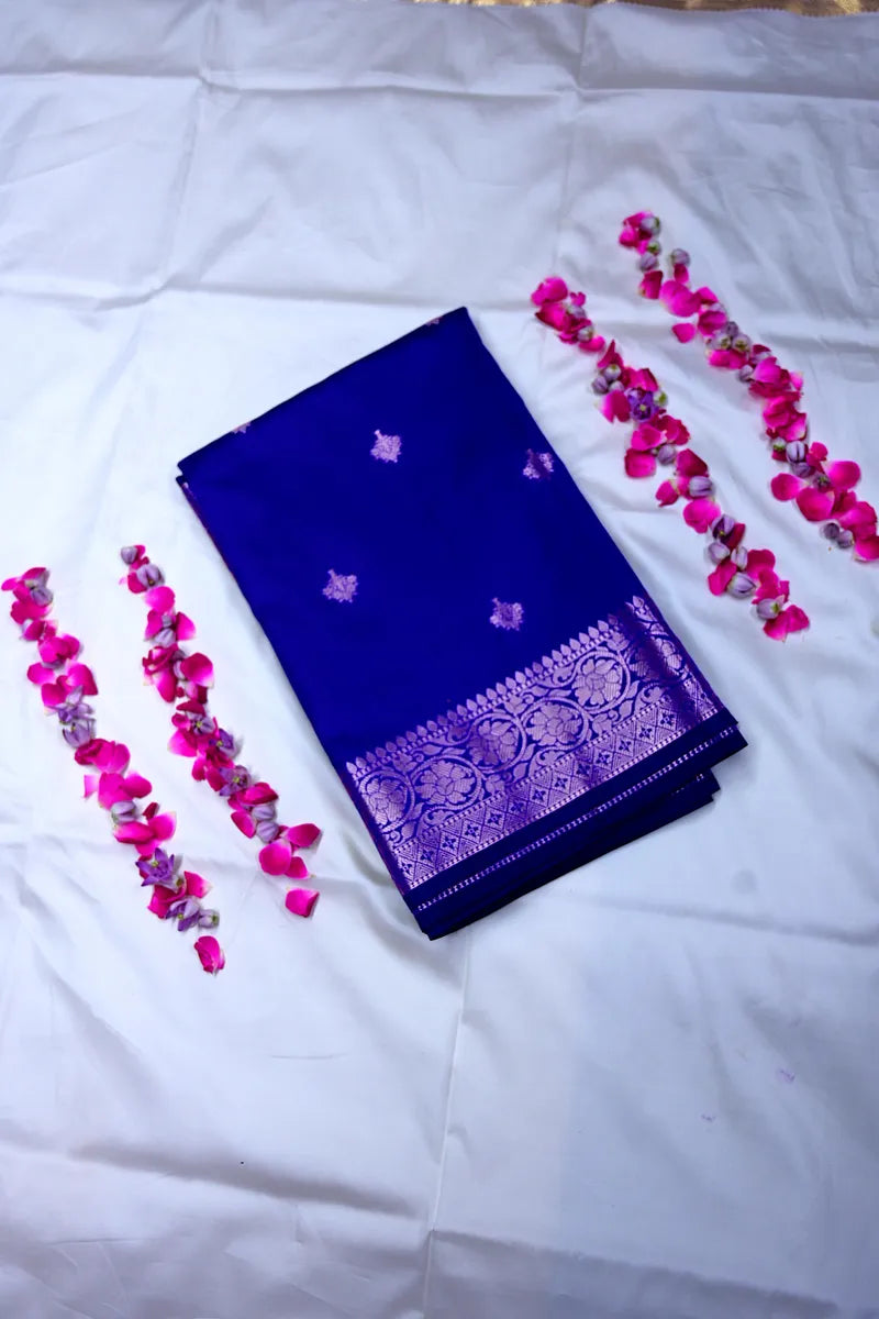 Royal Blue Silk Saree with Silver Zari Floral Bootis and Intricate Woven Border(RLSS-157)
