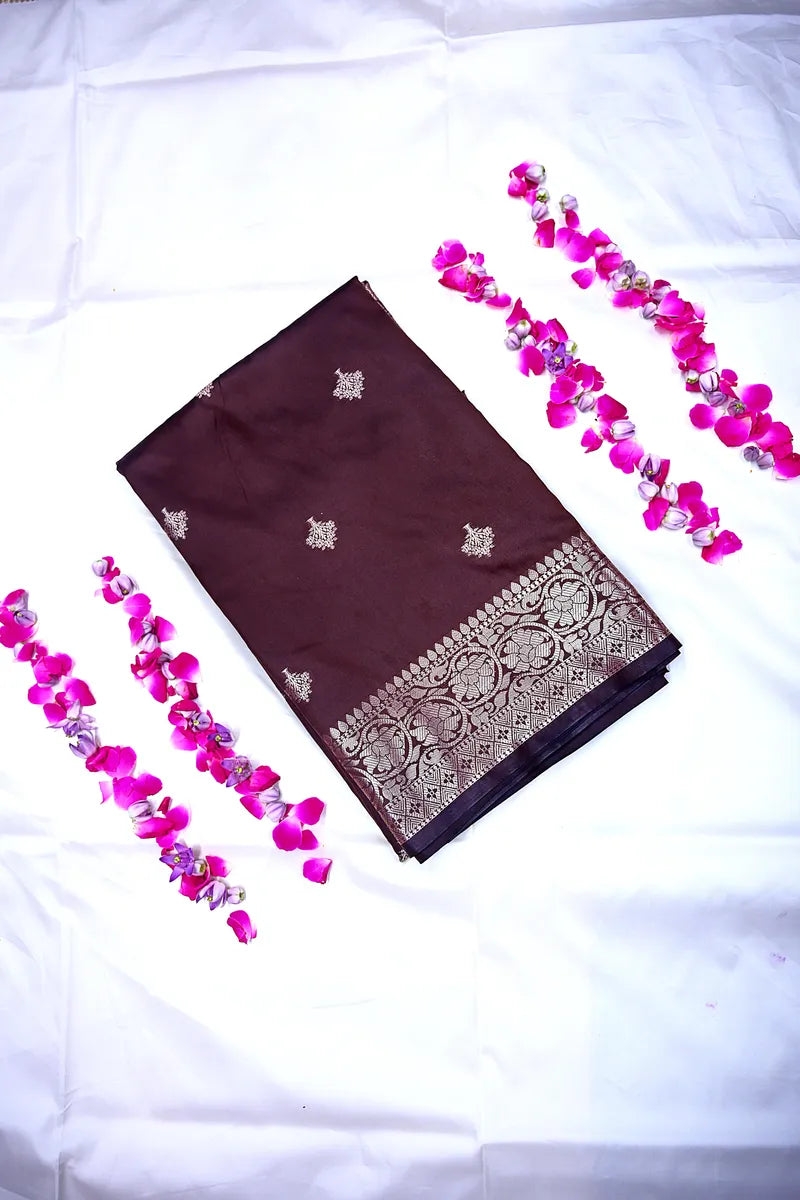 Deep Wine Silk Saree with Silver Zari Floral Bootis and Intricate Woven Border(RLSS-158)