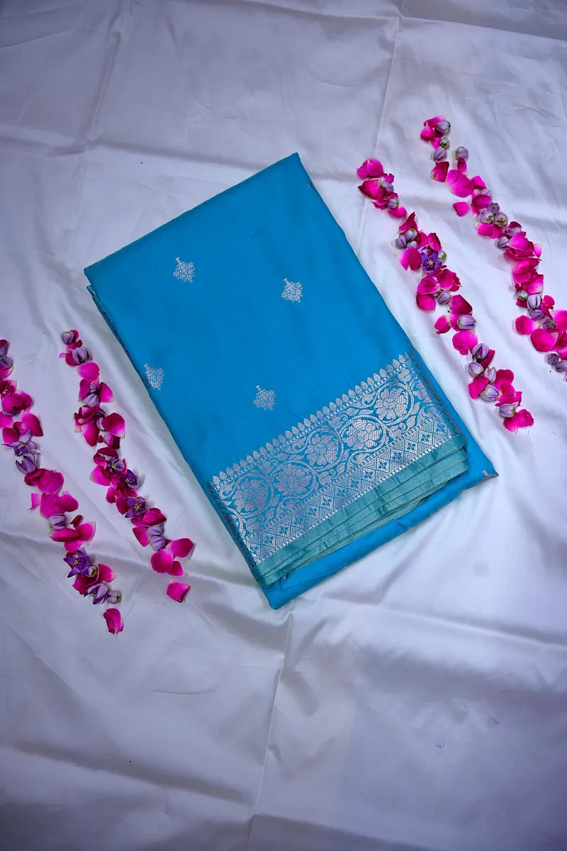 Sky Blue Handloom Banarasi Silk Saree with Silver Zari Woven Border(RLSS-159)