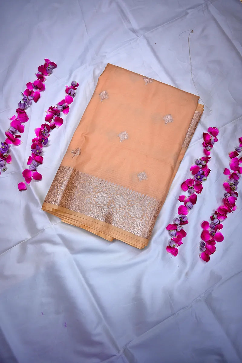 Pastel Peach Banarasi Silk Saree Silver Zari Elegance Border(RLSS-160)