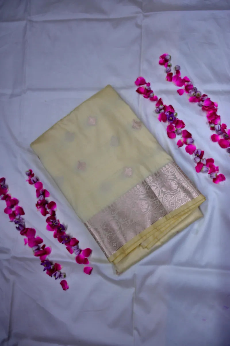 Radiant Lemon Silk Saree with Fine Silver Zari Buttas & Classic Weaved Border(RLSS-161)