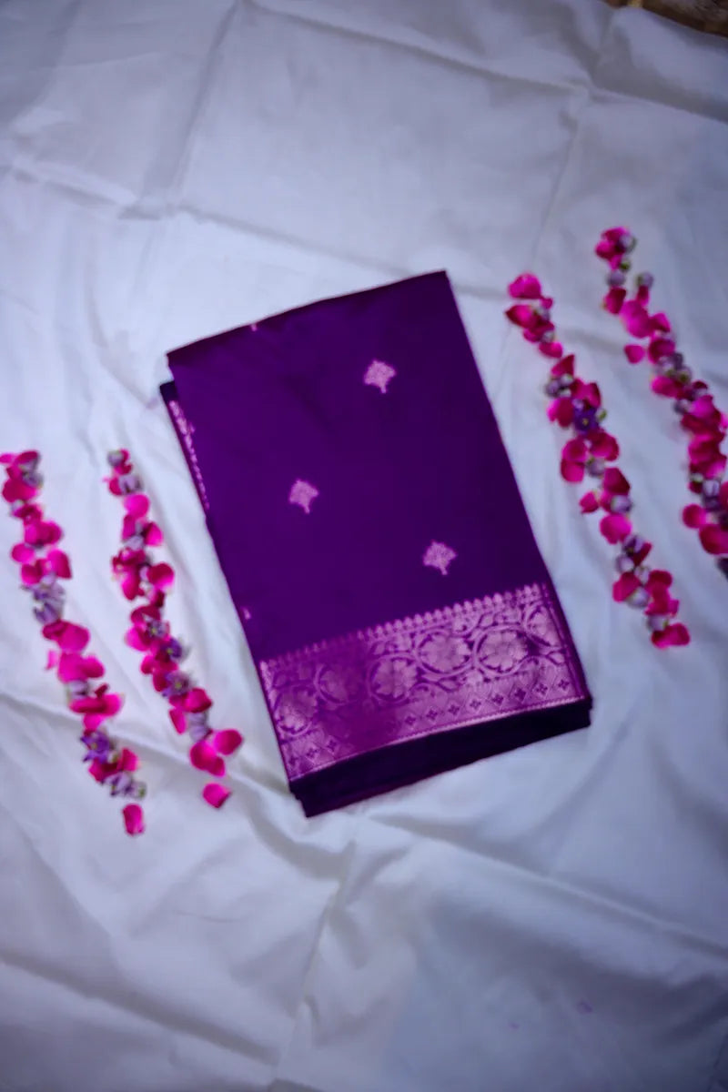 Royal Purple Silk Saree with Fine Silver Zari Weaving & Intricate Border Design(RLSS-163)