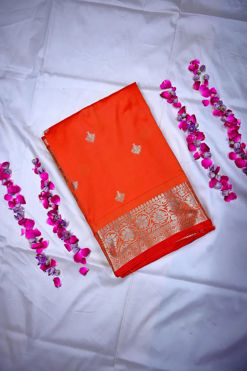 Vibrant Tangerine Orange Silk Saree with Fine Silver Zari Weaving & Royal Border (RLSS-166)