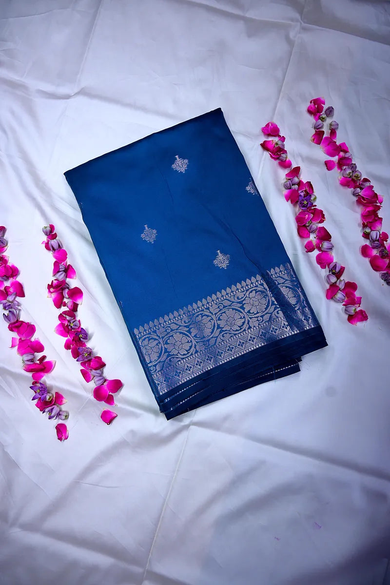 Classic Royal Blue Silk Saree with Fine Silver Zari Weaving Intricate Floral Border(RLSS-165)