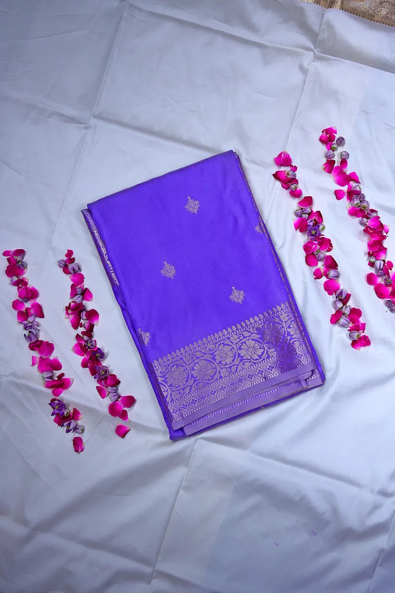 Vibrant Indigo Violet Silk Saree with Fine Silver Zari Weaving & Royal Border(RLSS-164)