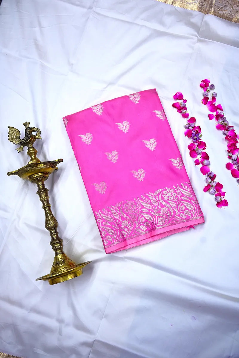 Vibrant Rani Pink Silk Saree with Silver Zari Floral Bootis and Rich Woven Border(RLSS-156)