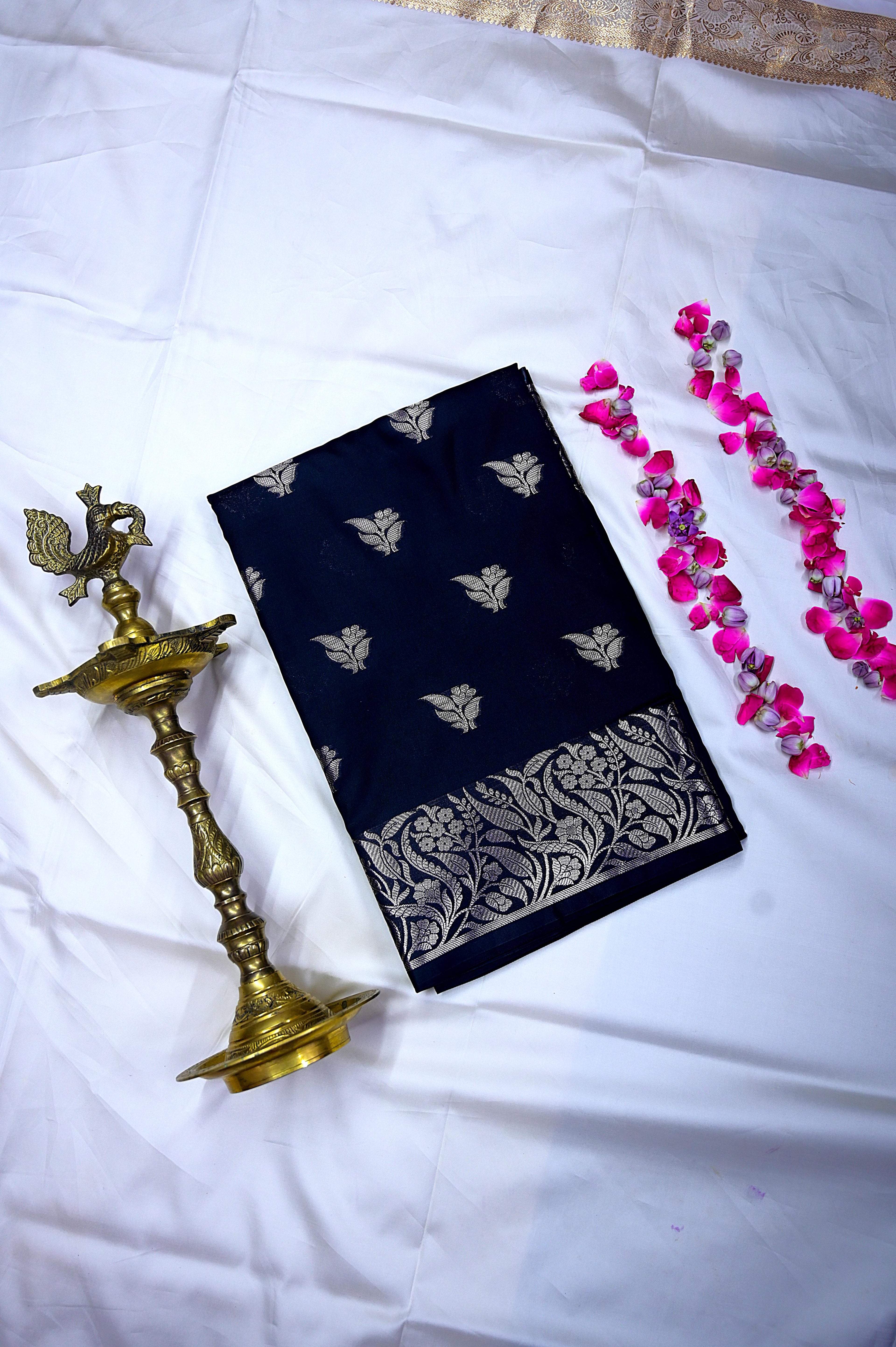 Dark Navy Blue Banarasi Katan Silk Saree featuring Silver Zari Weaved Floral Border & Motifs(RLSS-155)