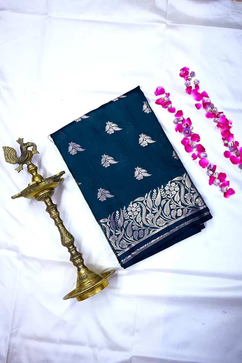 Royal Teal Blue Soft Silk Saree with Silver Zari Weaving Floral Border & Floral Motifs(RLSS-154)