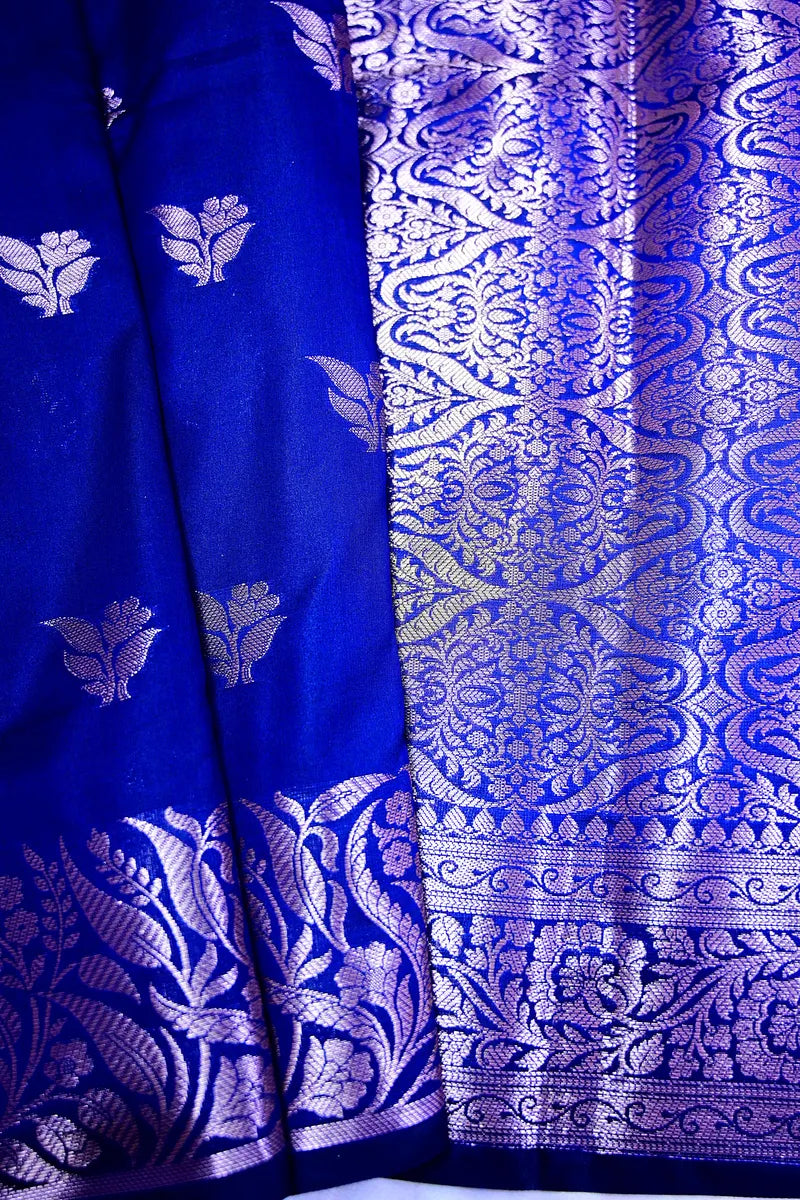 Royal Blue Silk Saree with Golden Zari Floral Motifs & Rich Border(RLSS-153)