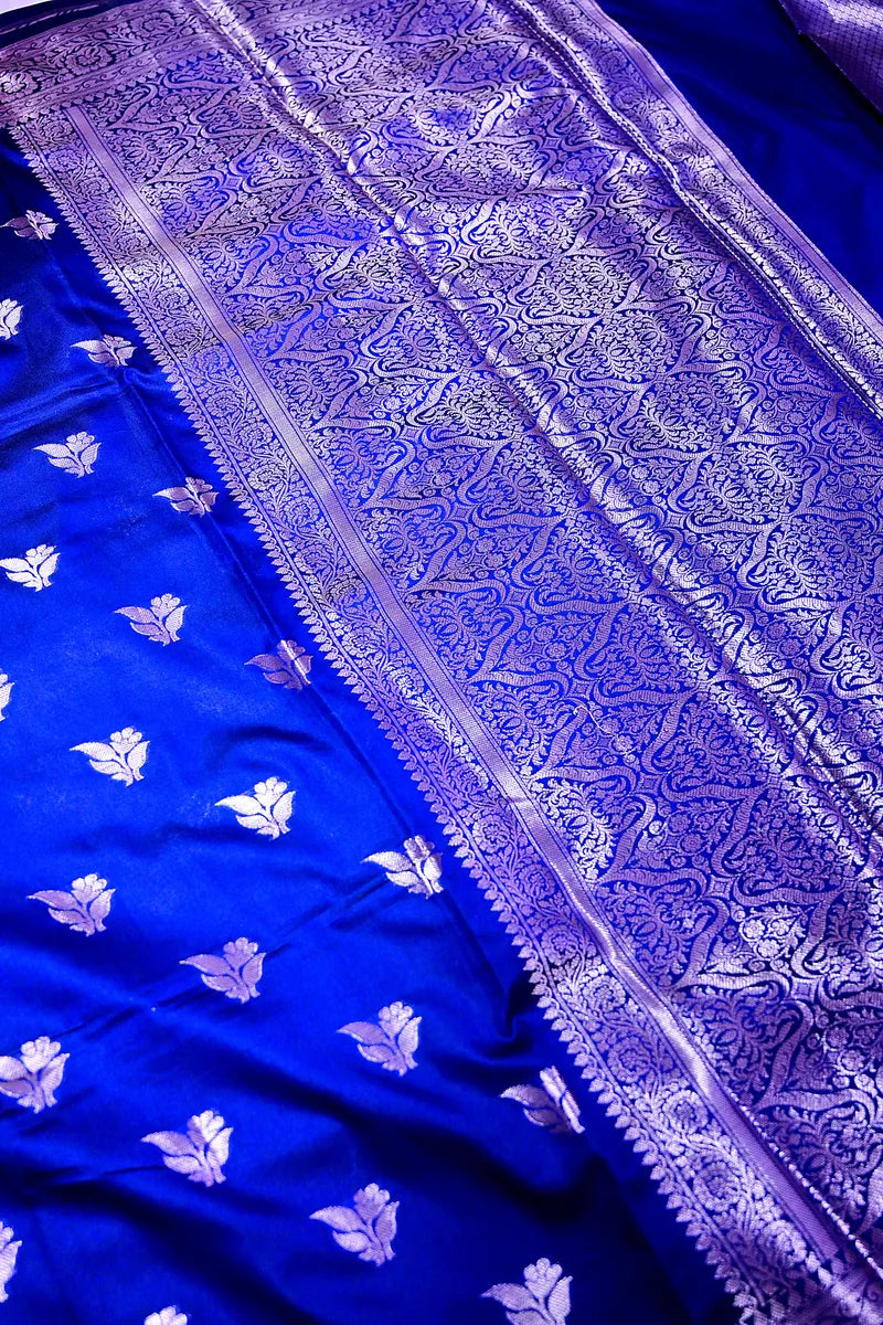 Royal Blue Silk Saree with Golden Zari Floral Motifs & Rich Border(RLSS-153)