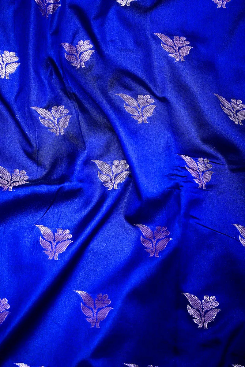 Royal Blue Silk Saree with Golden Zari Floral Motifs & Rich Border(RLSS-153)
