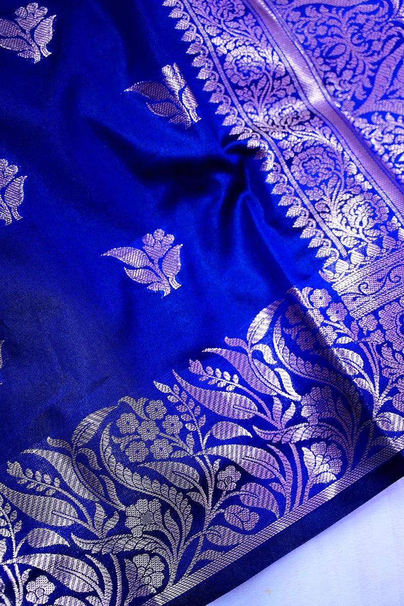 Royal Blue Silk Saree with Golden Zari Floral Motifs & Rich Border(RLSS-153)