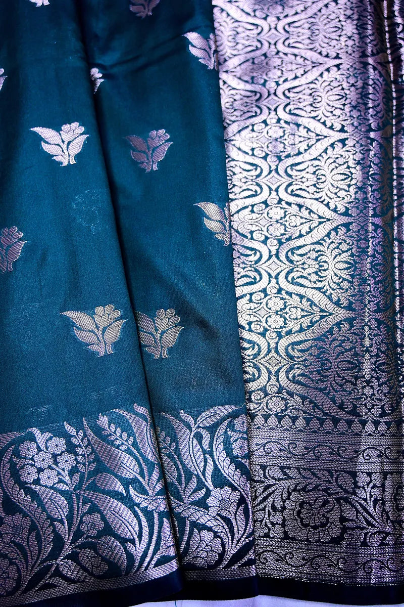 Royal Teal Blue Soft Silk Saree with Silver Zari Weaving Floral Border & Floral Motifs(RLSS-154)