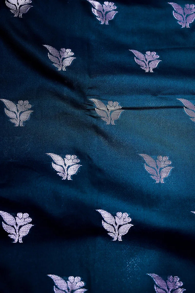 Royal Teal Blue Soft Silk Saree with Silver Zari Weaving Floral Border & Floral Motifs(RLSS-154)