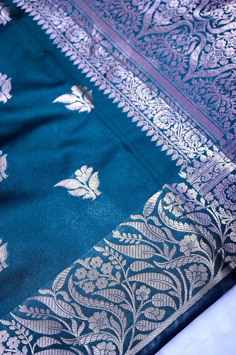 Royal Teal Blue Soft Silk Saree with Silver Zari Weaving Floral Border & Floral Motifs(RLSS-154)