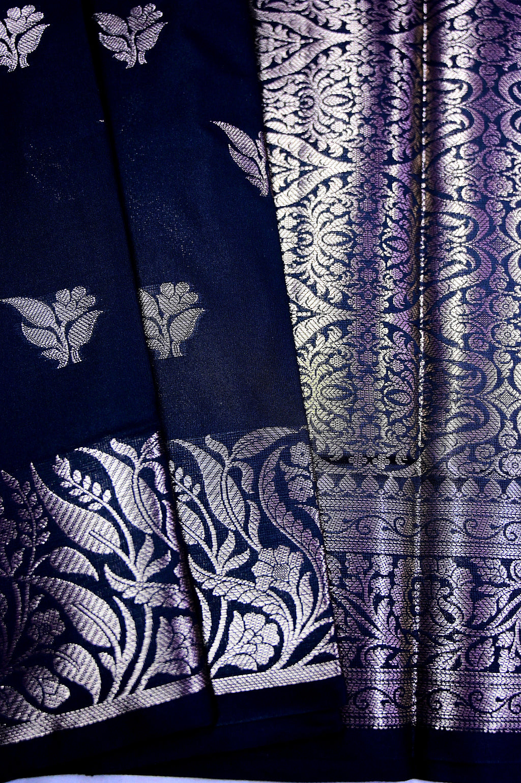 Dark Navy Blue Banarasi Katan Silk Saree featuring Silver Zari Weaved Floral Border & Motifs(RLSS-155)