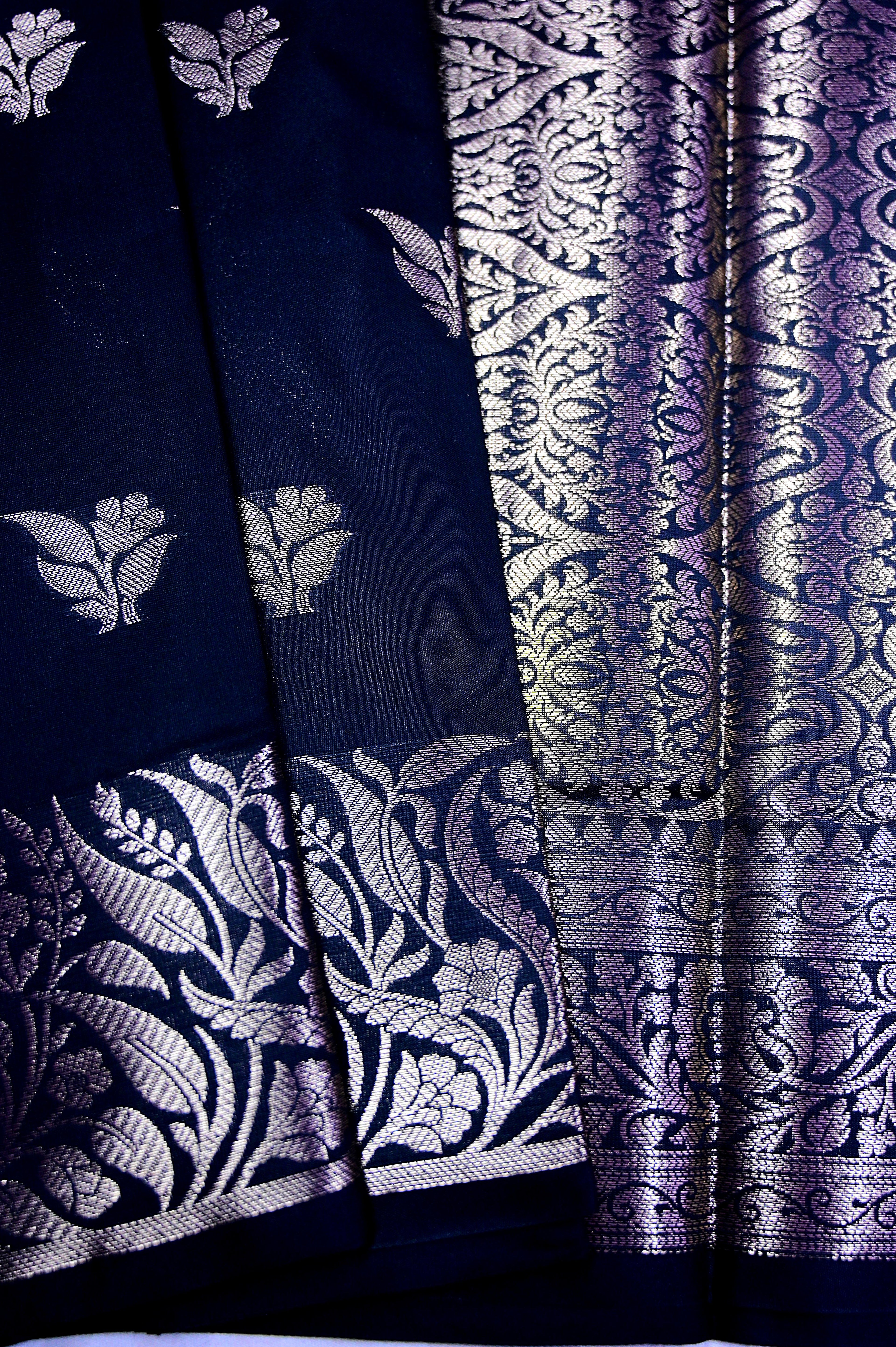 Dark Navy Blue Banarasi Katan Silk Saree featuring Silver Zari Weaved Floral Border & Motifs(RLSS-155)