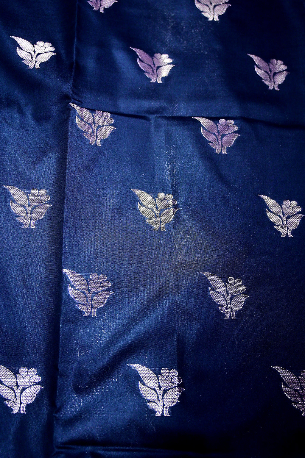 Dark Navy Blue Banarasi Katan Silk Saree featuring Silver Zari Weaved Floral Border & Motifs(RLSS-155)