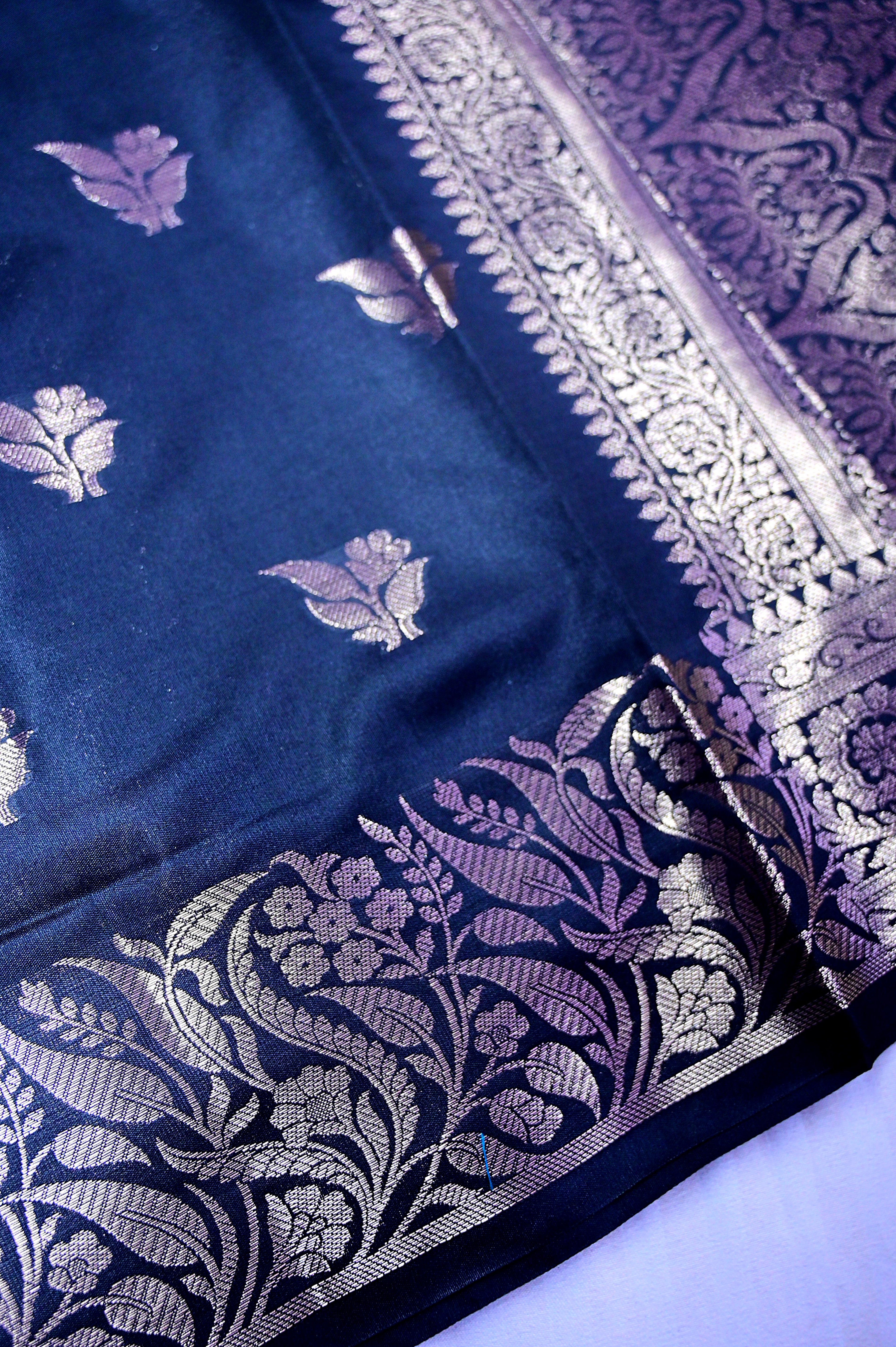 Dark Navy Blue Banarasi Katan Silk Saree featuring Silver Zari Weaved Floral Border & Motifs(RLSS-155)