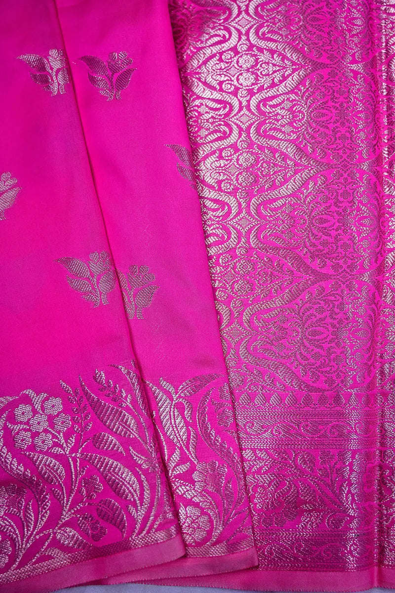 Vibrant Rani Pink Silk Saree with Silver Zari Floral Bootis and Rich Woven Border(RLSS-156)