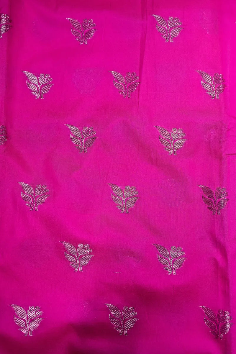 Vibrant Rani Pink Silk Saree with Silver Zari Floral Bootis and Rich Woven Border(RLSS-156)