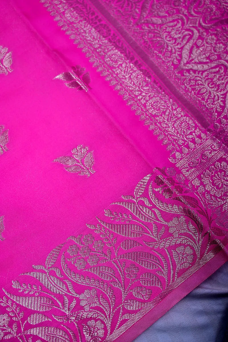 Vibrant Rani Pink Silk Saree with Silver Zari Floral Bootis and Rich Woven Border(RLSS-156)