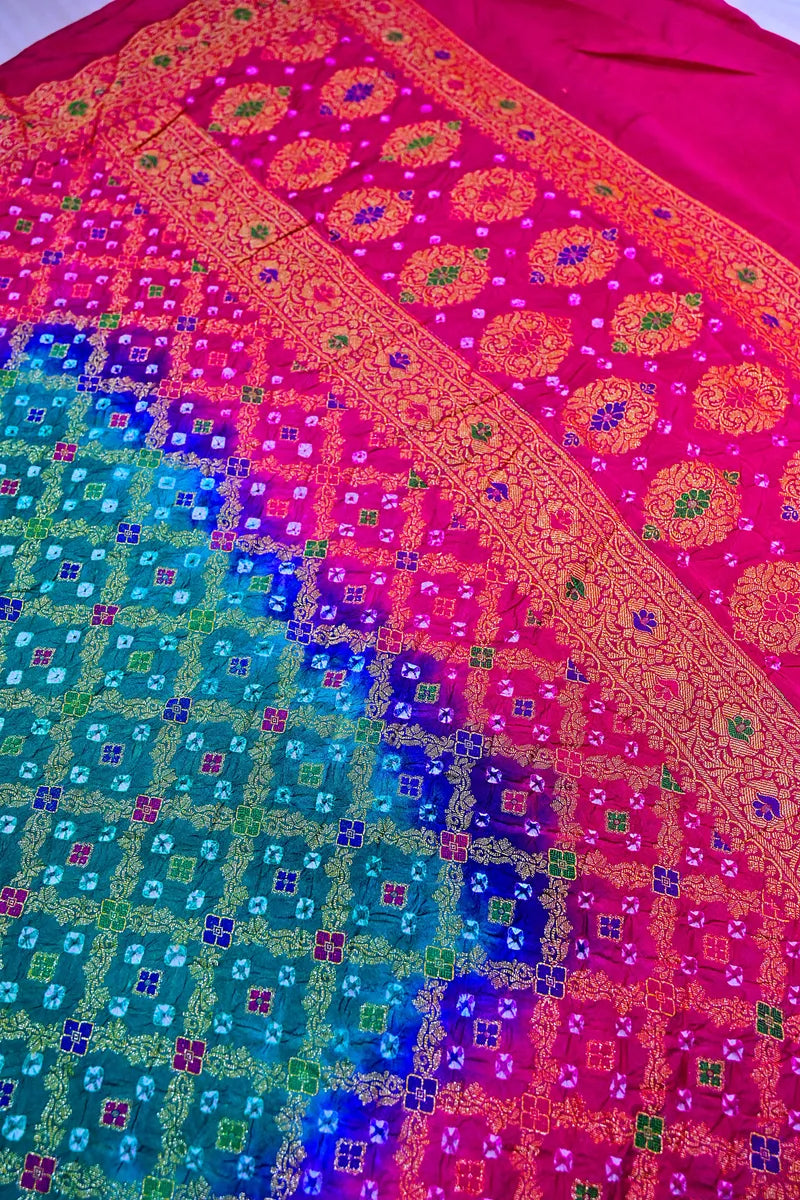 Peacock Teal & Magenta Pink Bandhani Silk Saree with Gold Zari Jaal & Multi-Color Meenakari Border(RLSS-182)