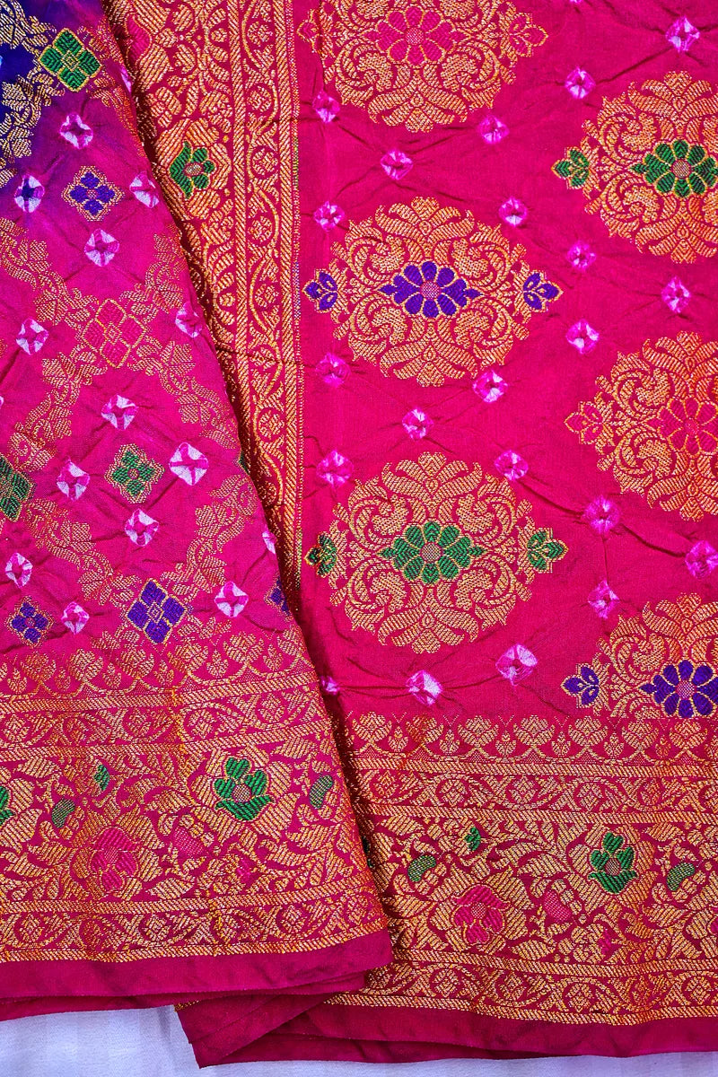 Rani Pink & Deep Magenta Bandhani Silk Saree with Gold Zari Jaal & Meenakari Border (RLSS-184)
