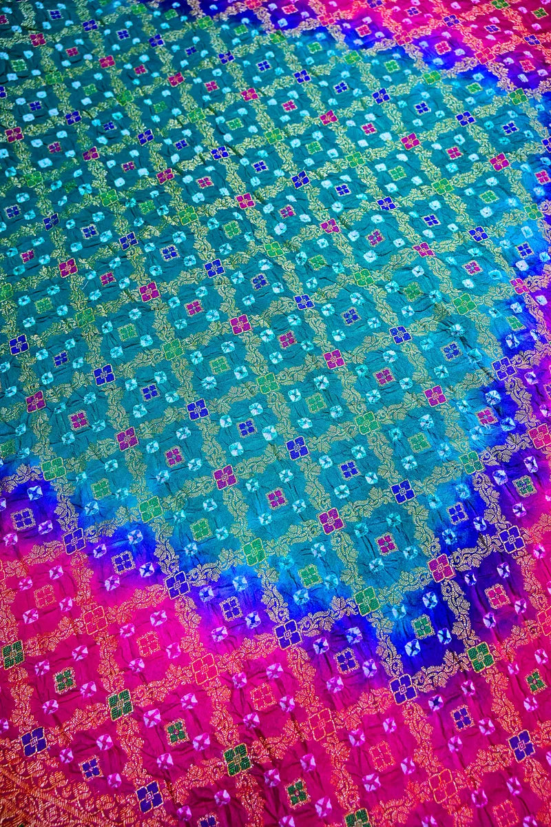 Peacock Teal & Magenta Pink Bandhani Silk Saree with Gold Zari Jaal & Multi-Color Meenakari Border(RLSS-182)