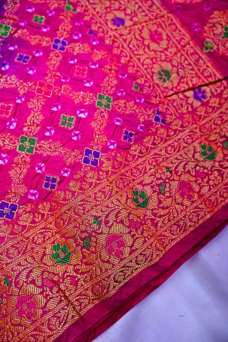Rani Pink & Deep Magenta Bandhani Silk Saree with Gold Zari Jaal & Meenakari Border (RLSS-184)