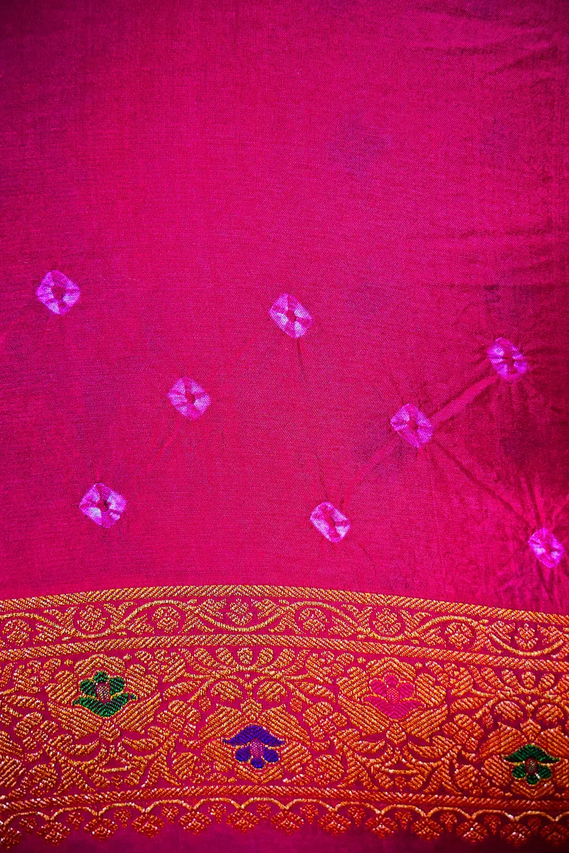 Rani Pink & Deep Magenta Bandhani Silk Saree with Gold Zari Jaal & Meenakari Border (RLSS-184)