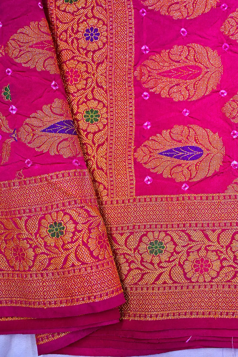 Peacock Teal & Magenta Pink Bandhani Silk Saree with Gold Zari Jaal & Multi-Color Meenakari Border(RLSS-182)