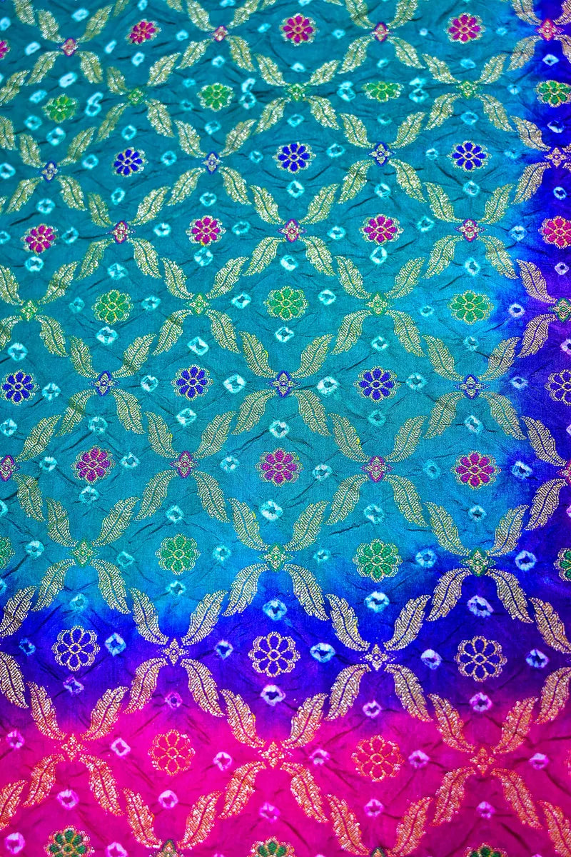 Peacock Teal & Magenta Pink Bandhani Silk Saree with Gold Zari Jaal & Multi-Color Meenakari Border(RLSS-182)